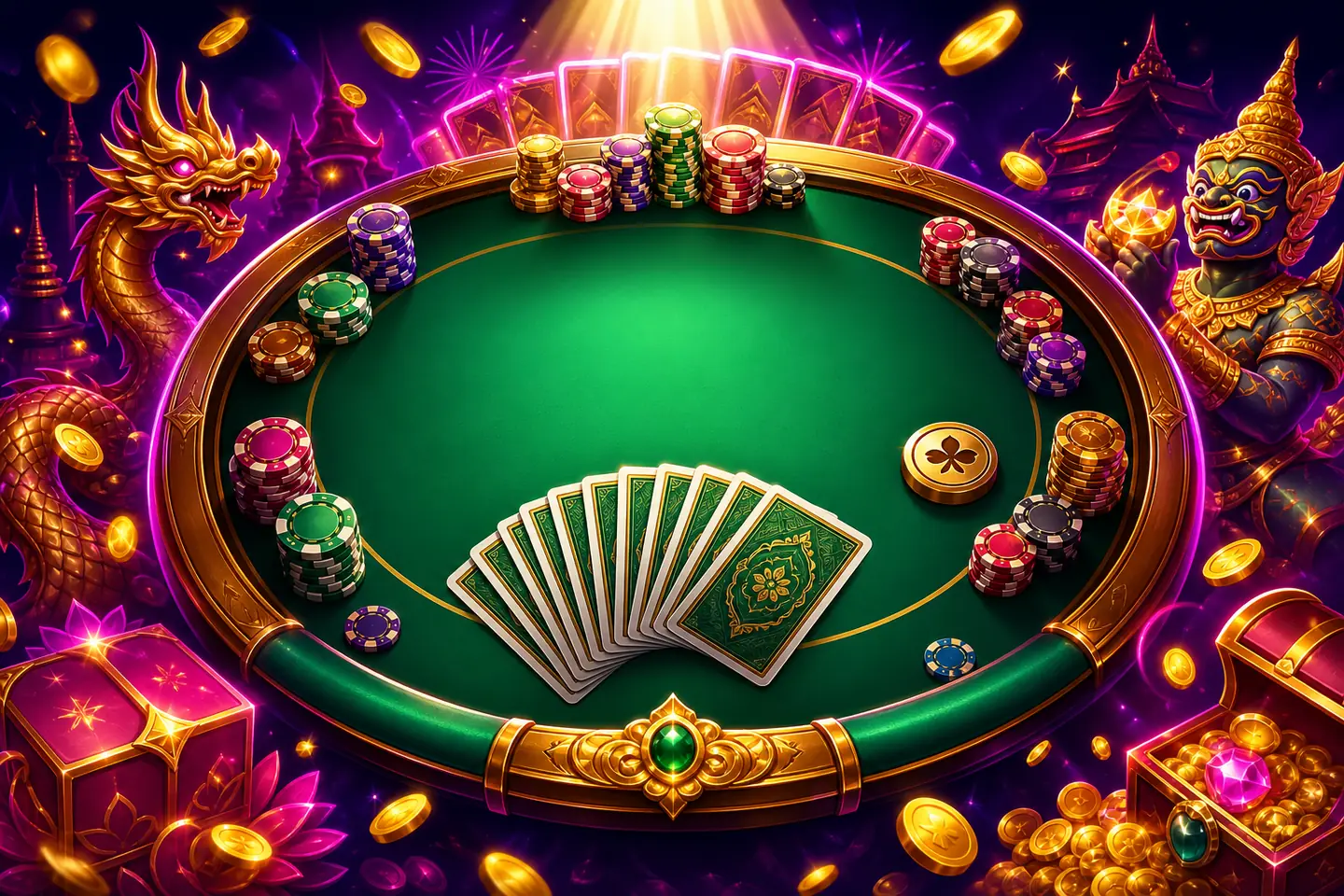 Meja poker hijau QQStar88 dengan kartu dan tumpukan chip